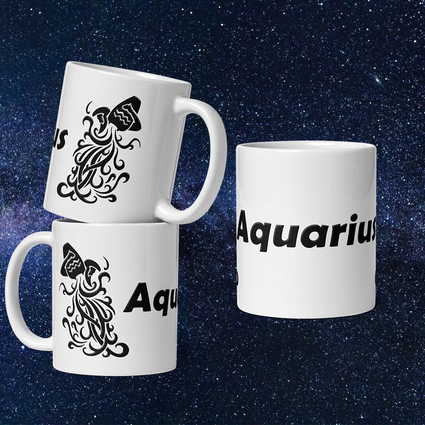 White 11oz Ceramic Mug - Black Aquarius Text & Symbol