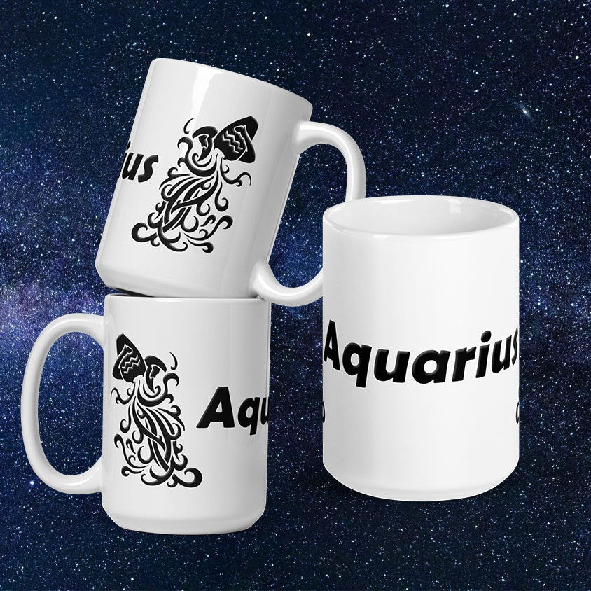 White 15 oz Ceramic Mug - Black Aquarius Text & Symbol