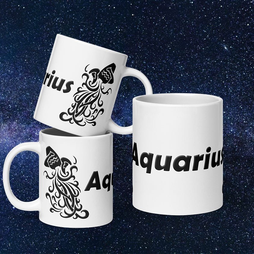 White 20 oz Ceramic Mug - Black Aquarius Text & Symbol