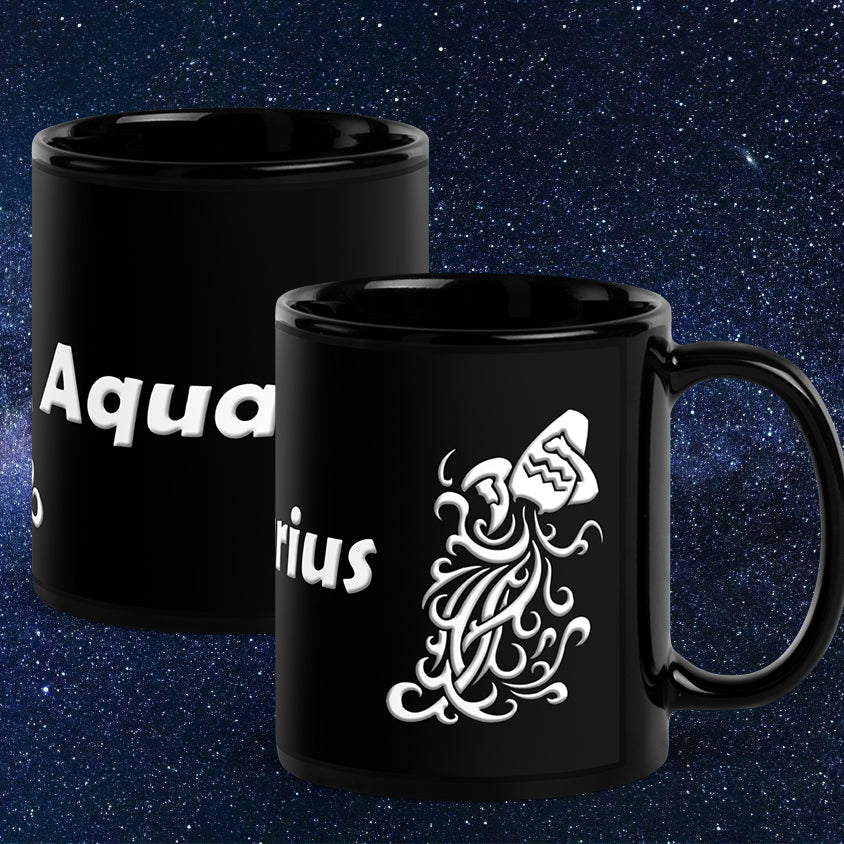 Black 11 oz Ceramic Mug - White Aquarius Text & Symbol