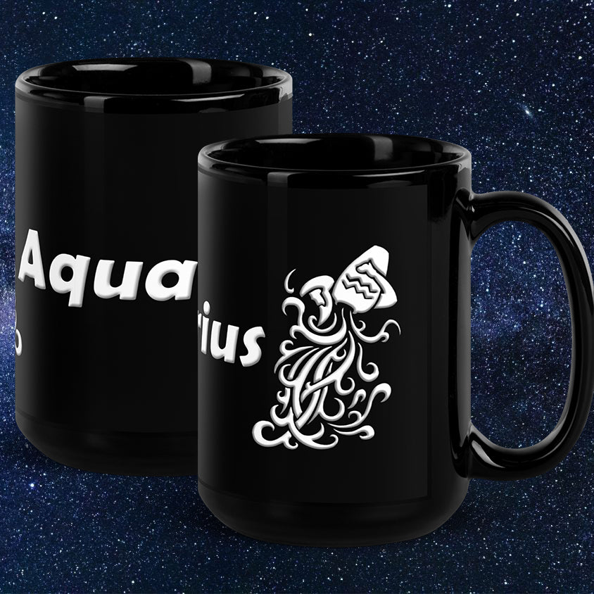 Black 15 oz Ceramic Mug - White Aquarius Text & Symbol