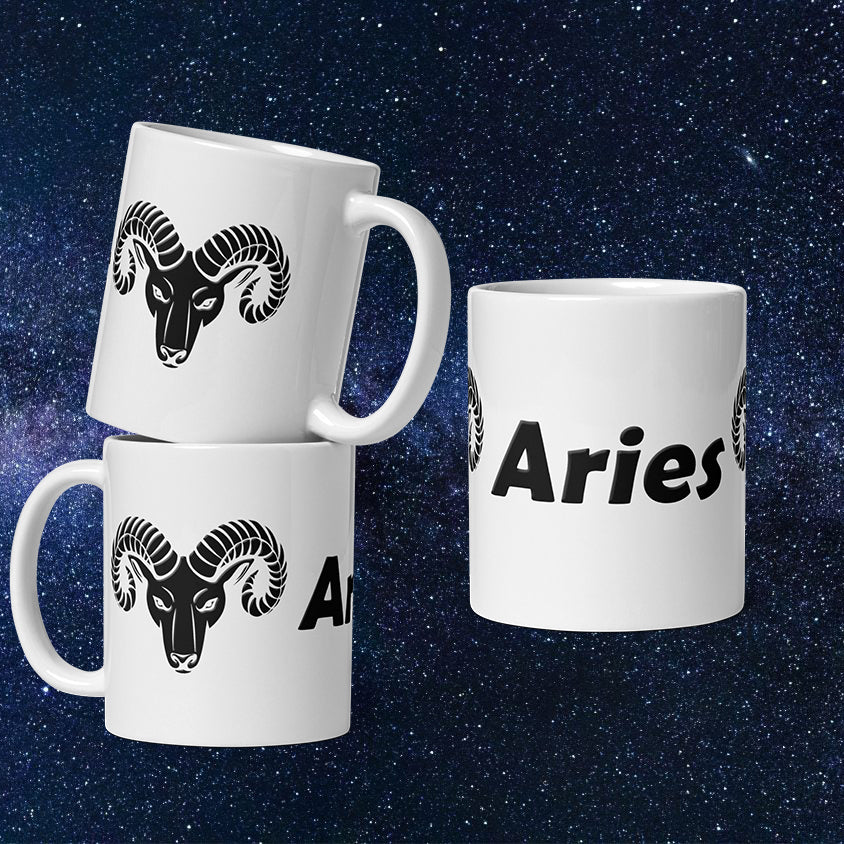 White 11 oz Ceramic Mug - Black Aries Text & Symbol