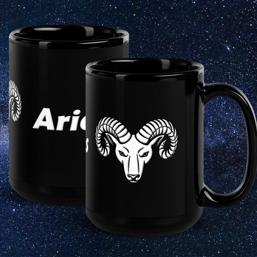 Black 15 oz Ceramic Mug - White Aries Text & Symbol