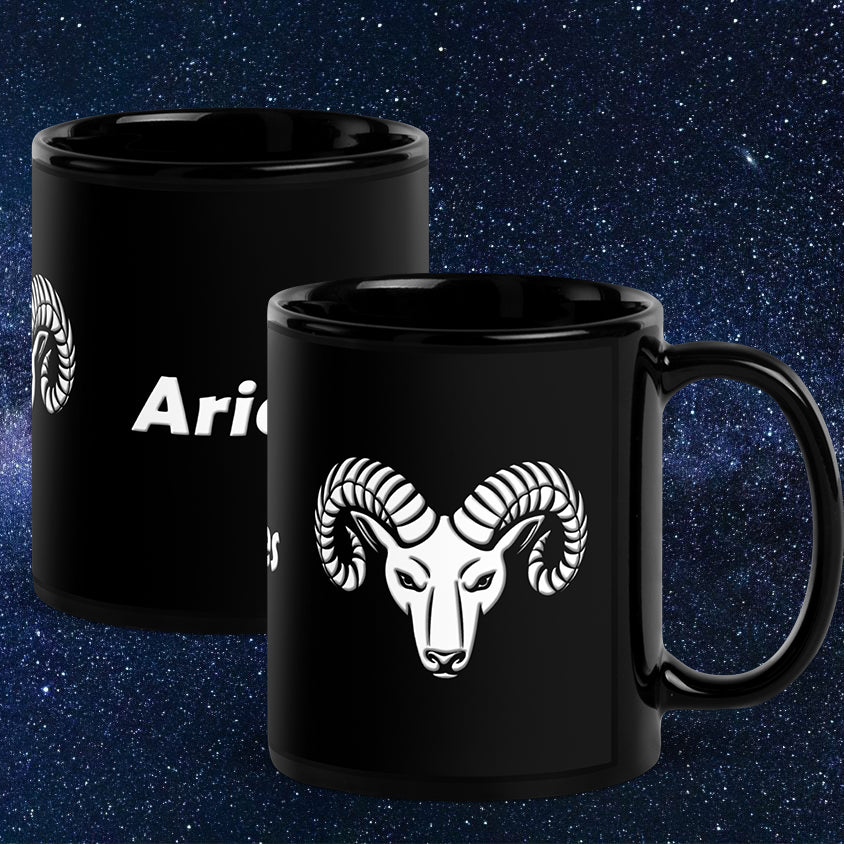 Black 11 oz Ceramic Mug - White Aries Text & Symbol