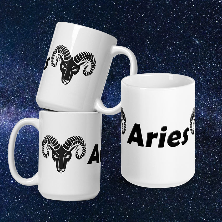 White 15 oz Ceramic Mug - Black Aries Text & Symbol