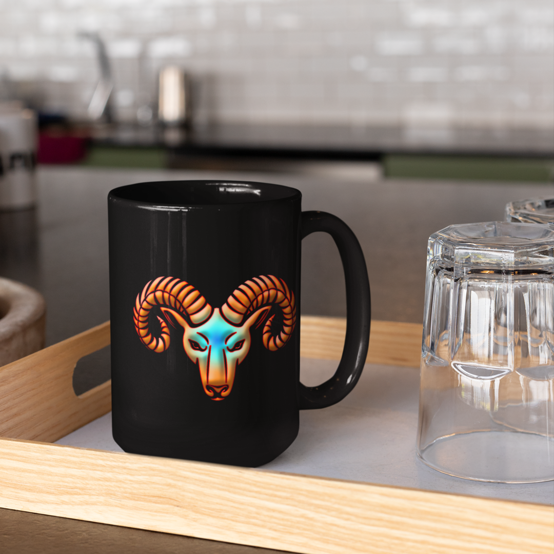 15oz Black Glossy Aries Mug Sitting on Food Tray