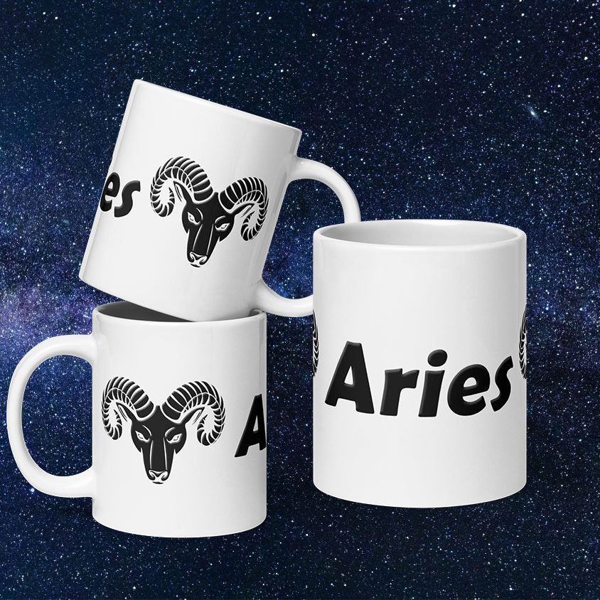 White 20 oz Ceramic Mug - Black Aries Text & Symbol