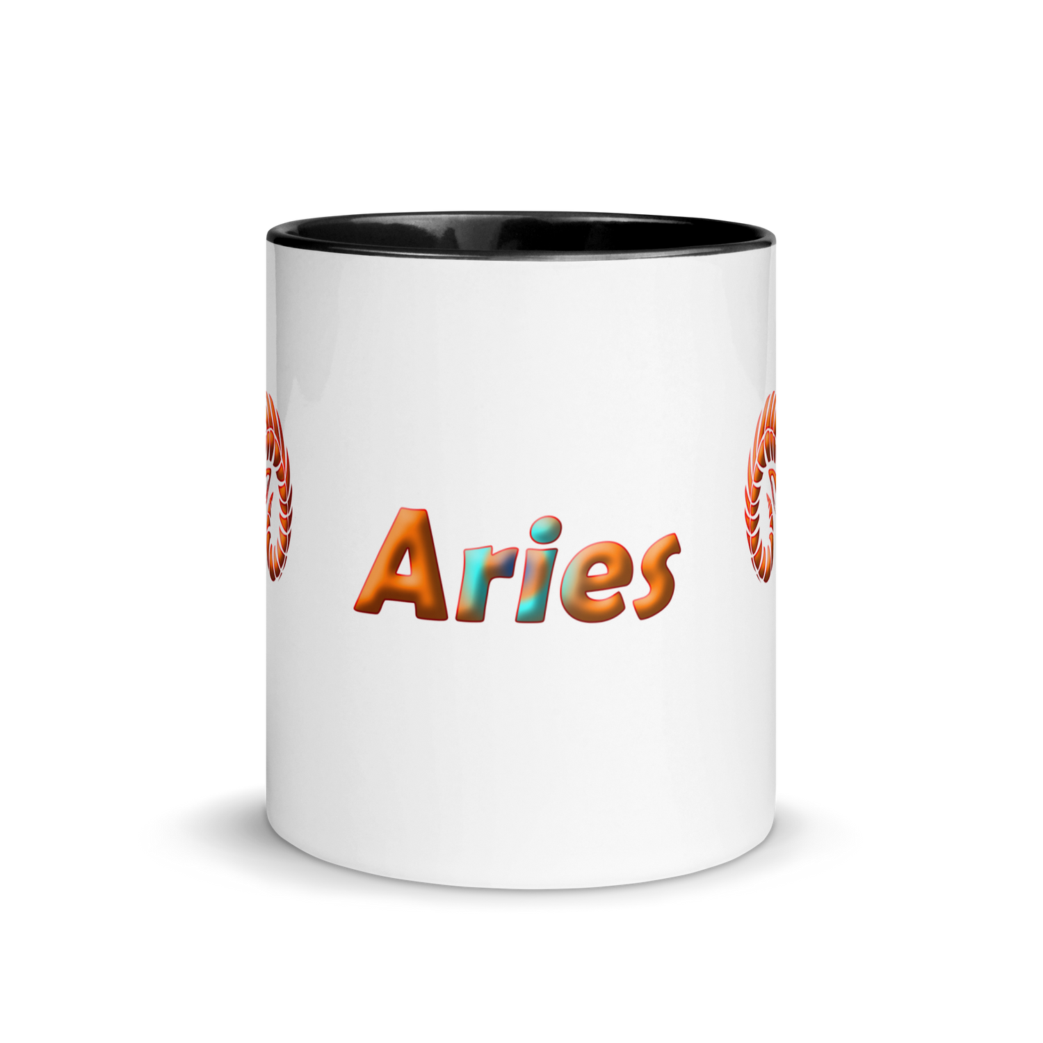 11oz White Ceramic Mug, Front View with Aries Text, Black inside