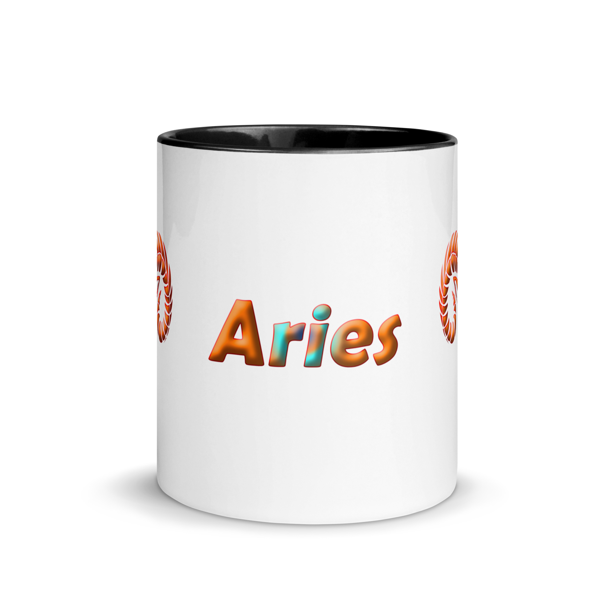11oz White Ceramic Mug, Front View with Aries Text, Black inside
