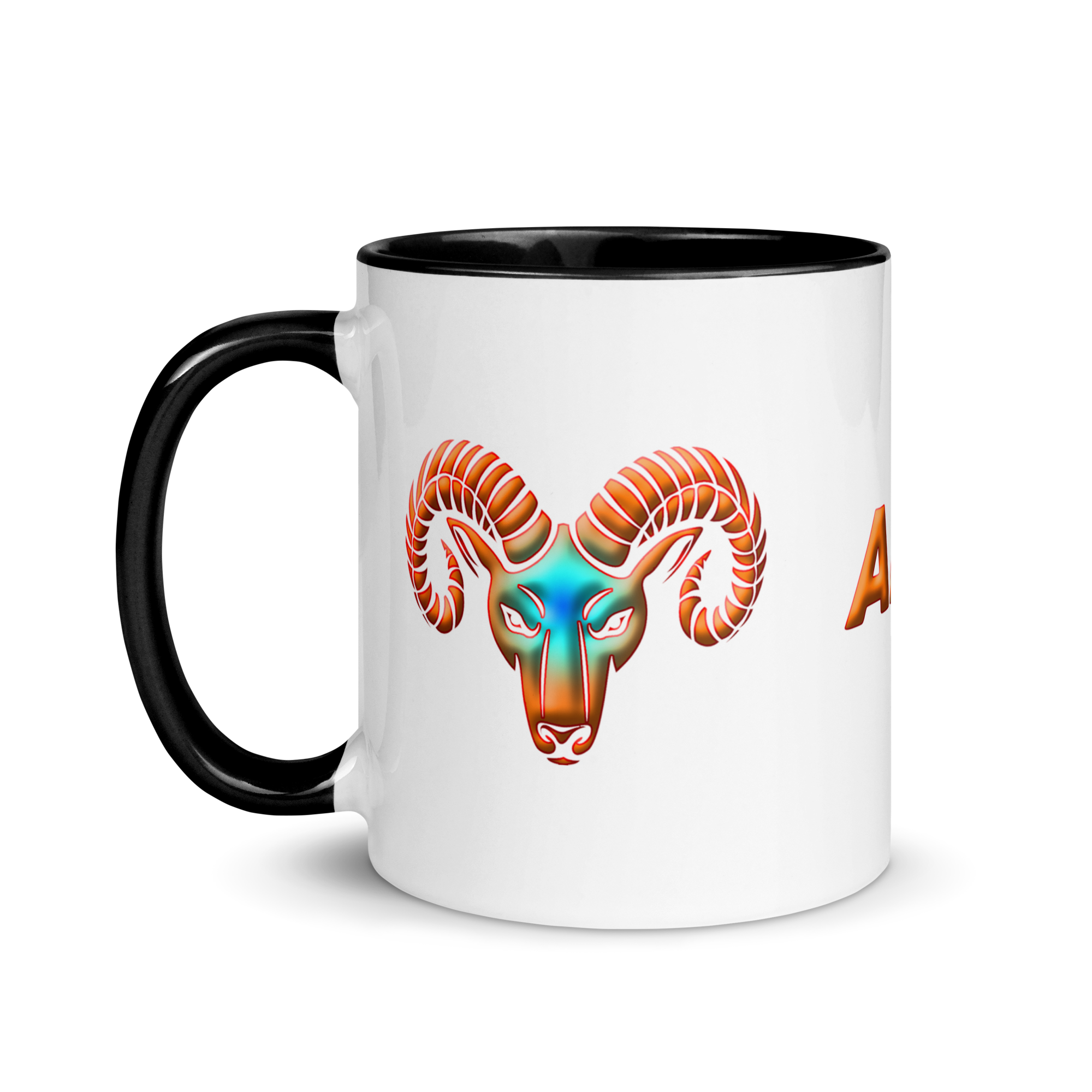 11oz White Ceramic Mug with Aries Symbol, Black Inside & Handle