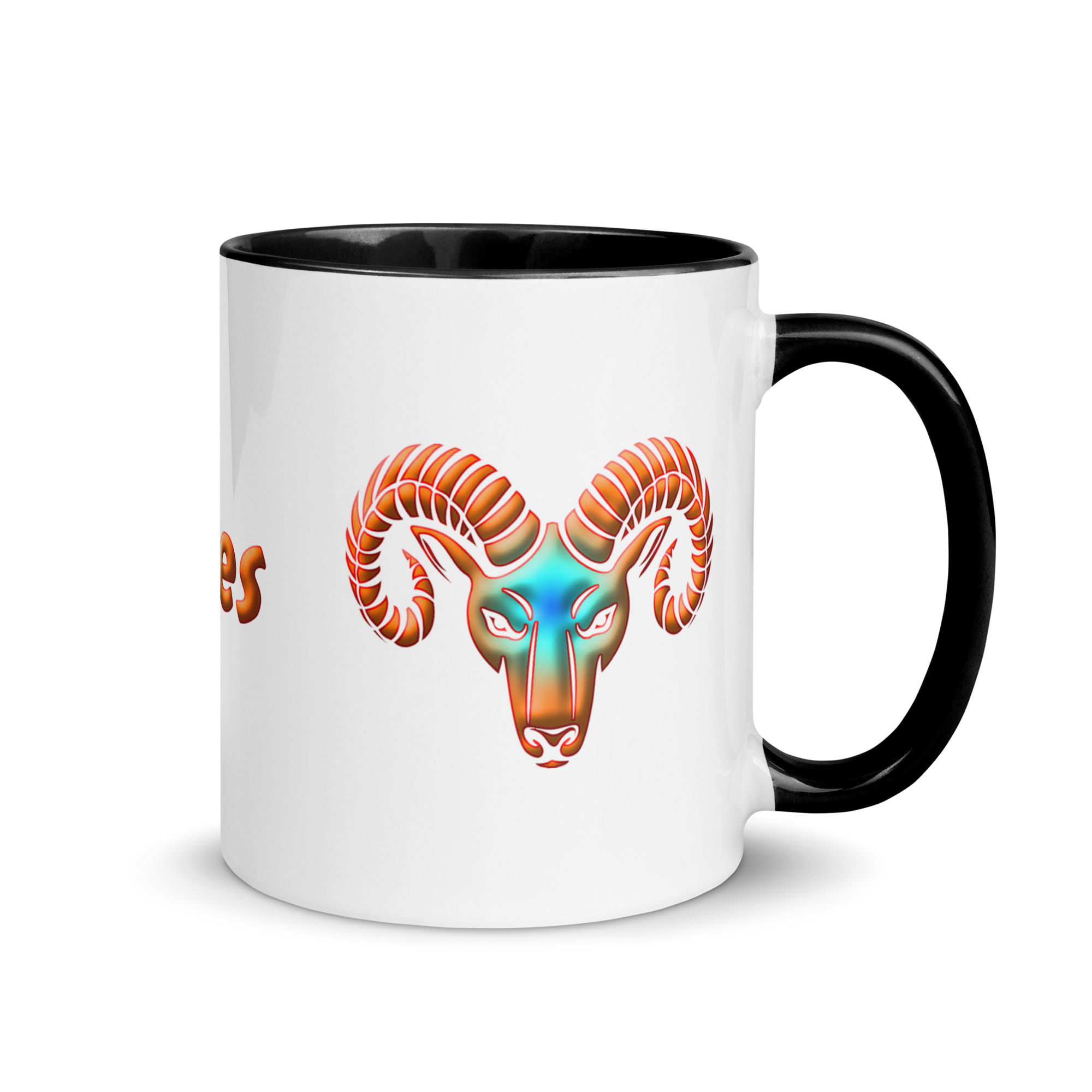11oz White Ceramic Mug with Aries Symbol, Black Handle & Inside