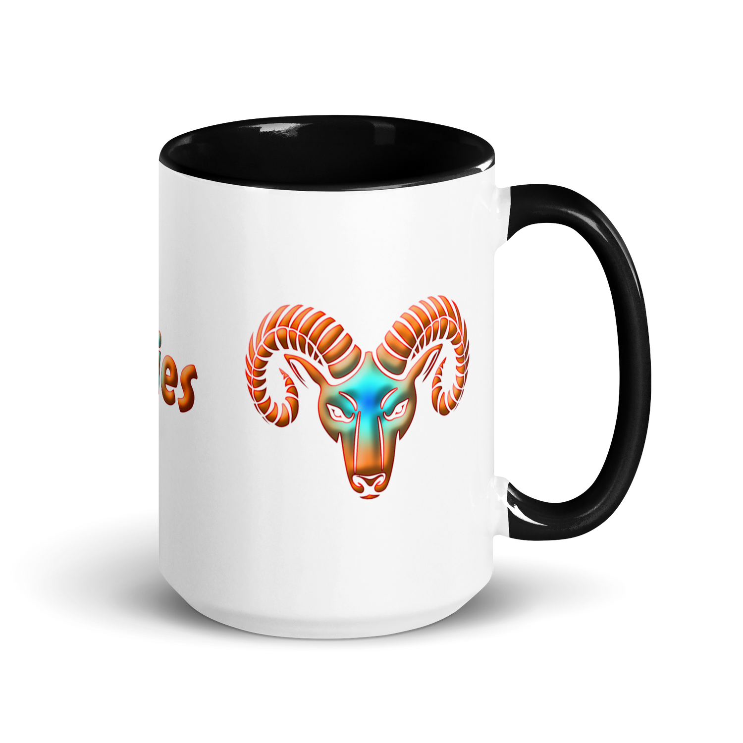 15oz White Ceramic Mug with Aries Symbol, Black Handle & Inside