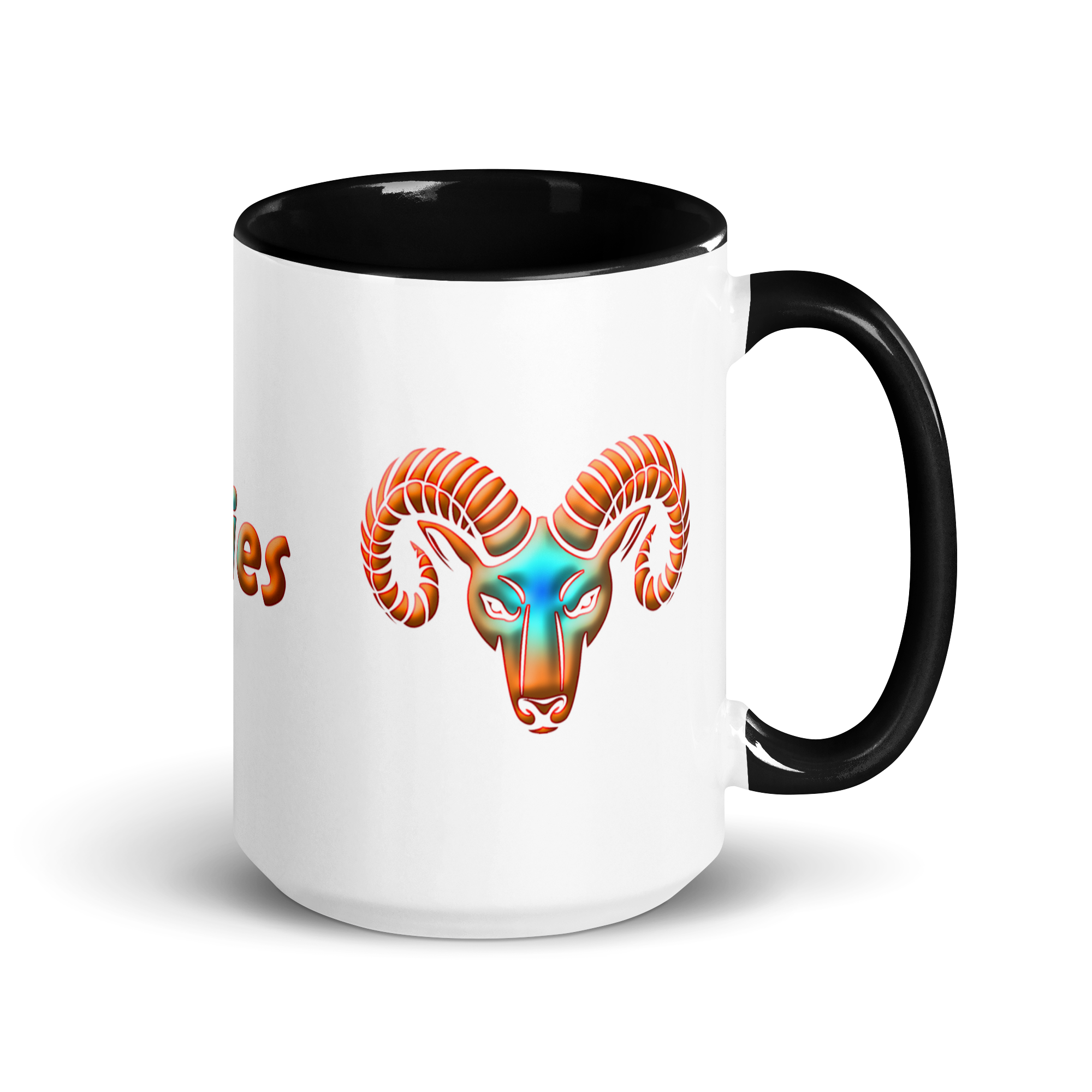 15oz White Ceramic Mug with Aries Symbol, Black Handle & Inside