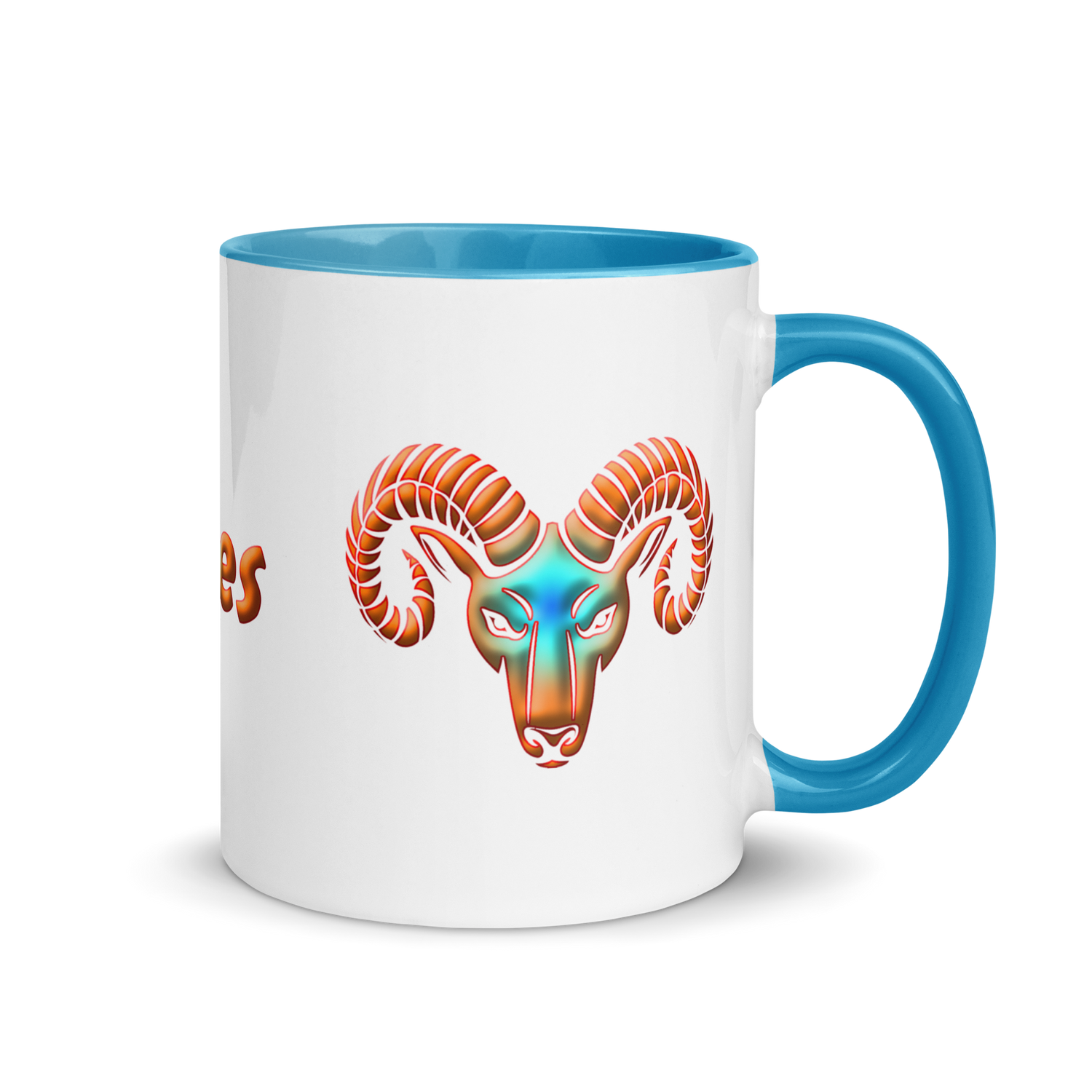 11oz White Ceramic Mug with Aries Symbol, Blue Handle & Inside