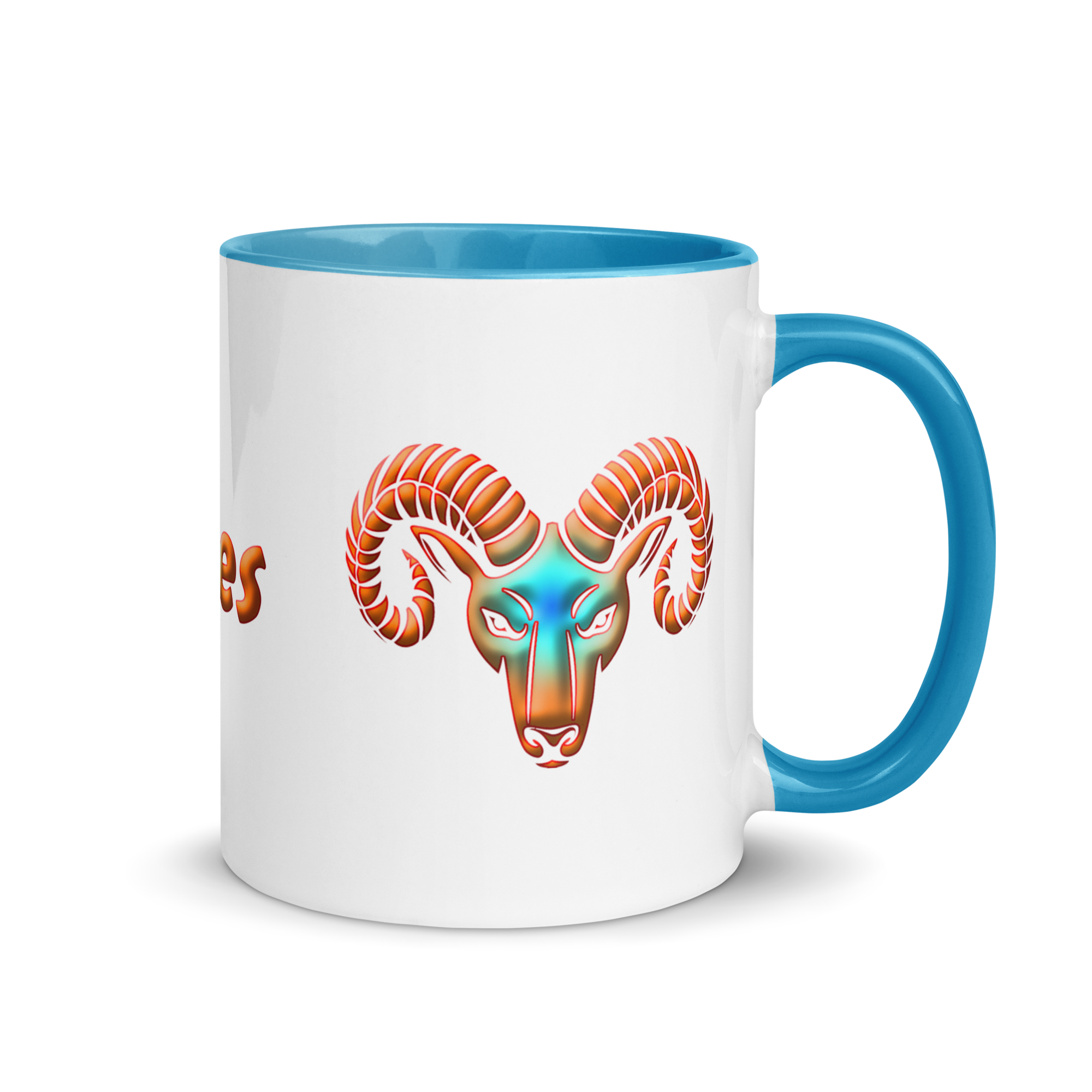 11oz White Ceramic Mug with Aries Symbol, Blue Handle & Inside