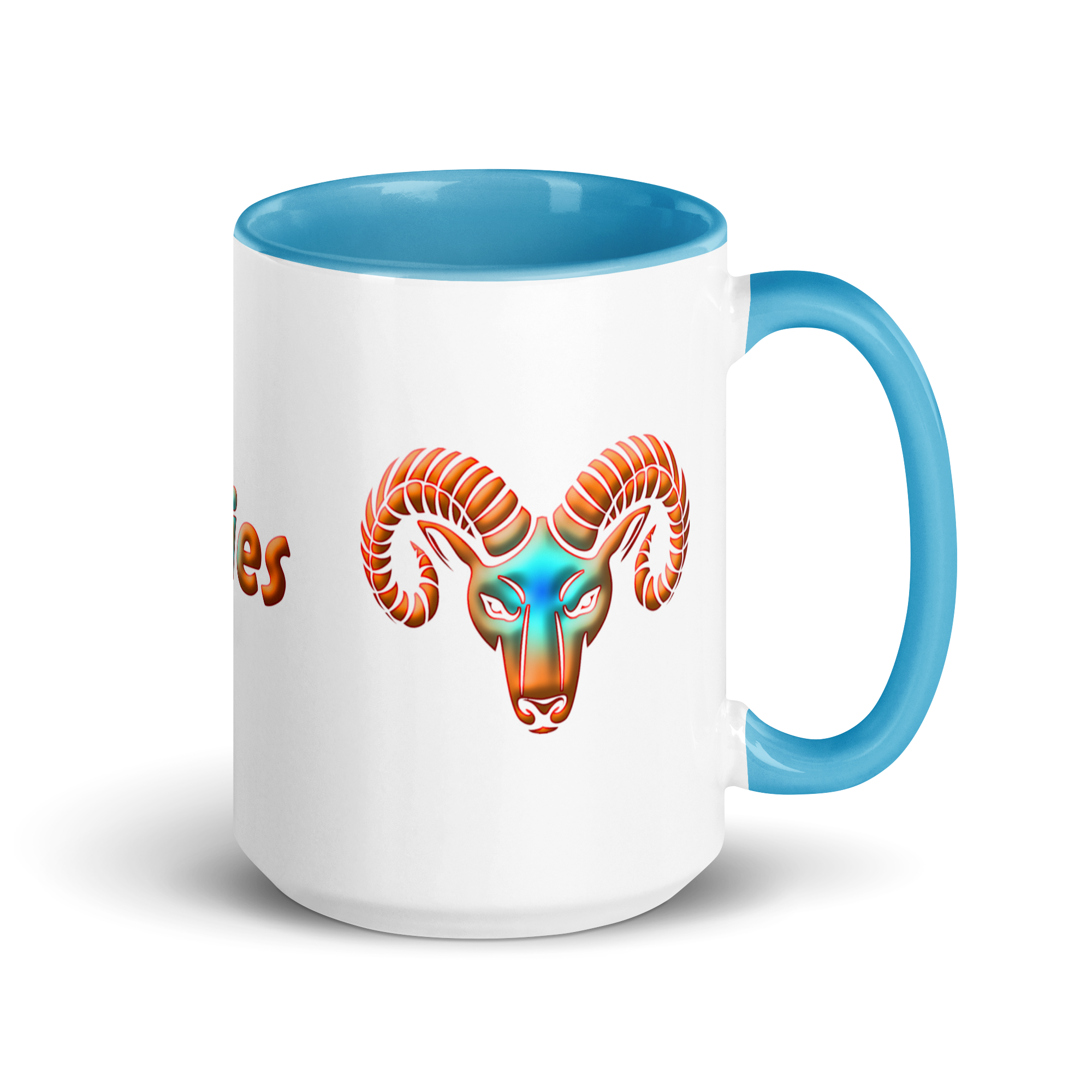 15oz White Ceramic Mug with Aries Symbol, Blue Handle & Inside