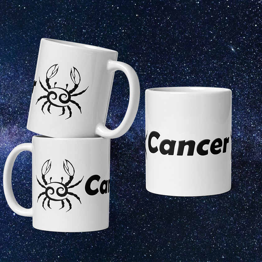White 11 oz Ceramic Mug - Black Cancer Text & Symbol