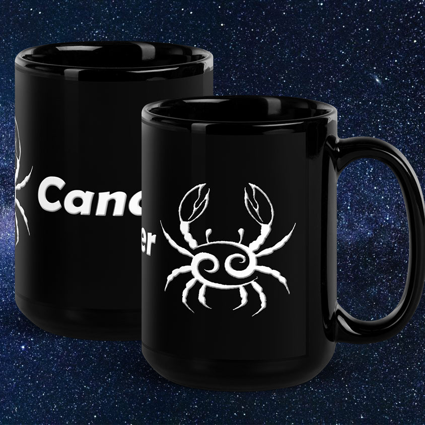 Black 15 oz Ceramic Mug - White Cancer Text & Symbol