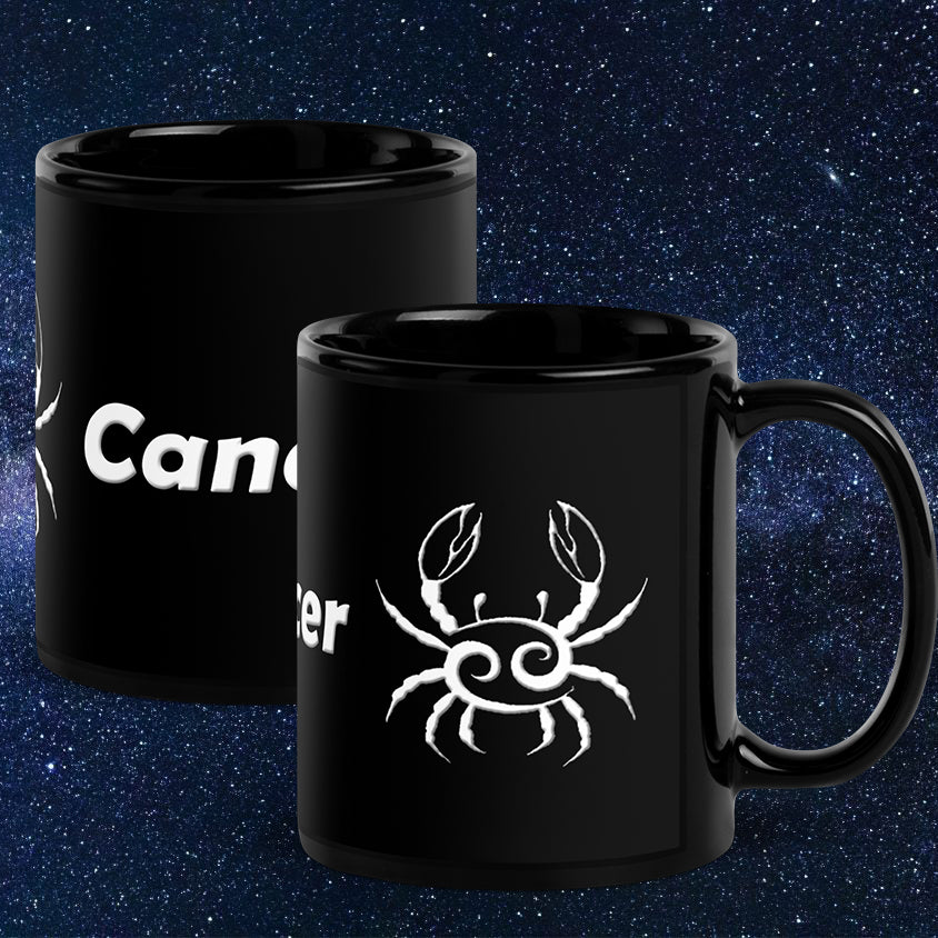 Black 11 oz Ceramic Mug - White Cancer Text & Symbol