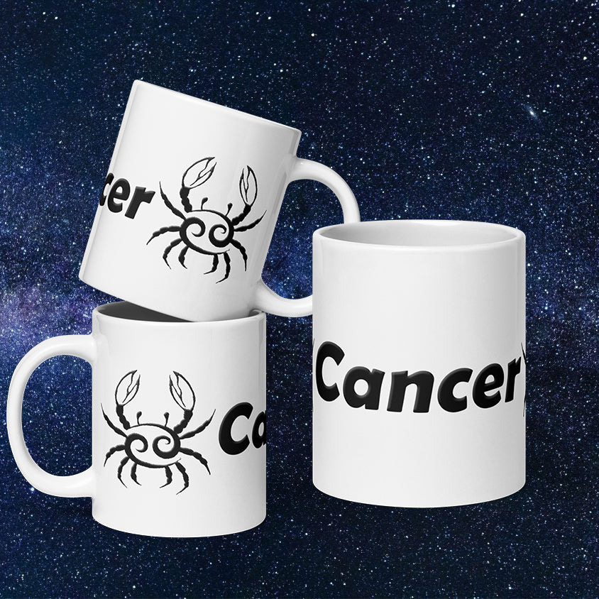 White 20 oz Ceramic Mug - Black Cancer Text & Symbol