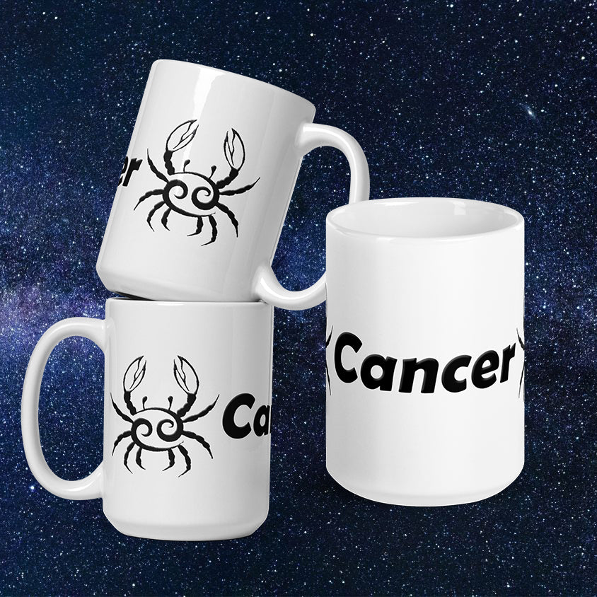White 15 oz Ceramic Mug - Black Cancer Text & Symbol