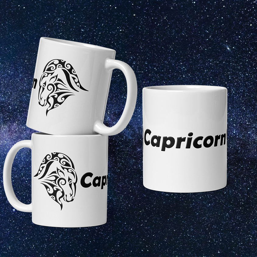 White 11 oz Ceramic Mug - Black Capricorn Text & Symbol