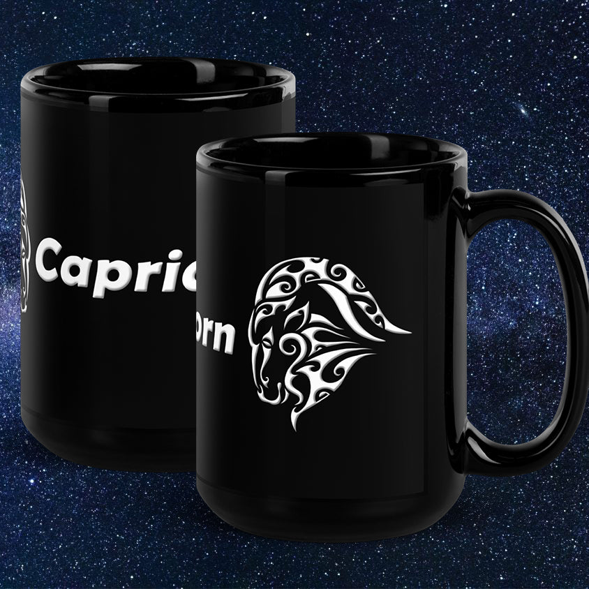 Black 15 oz Ceramic Mug - White Capricorn Text & Symbol
