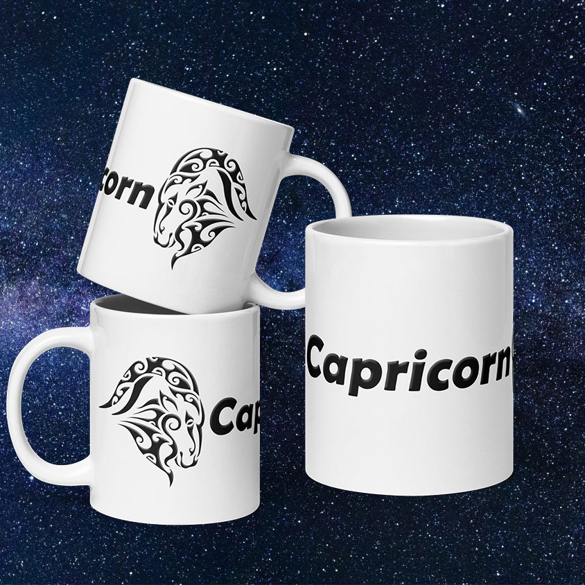 White 20 oz Ceramic Mug - Black Capricorn Text & Symbol
