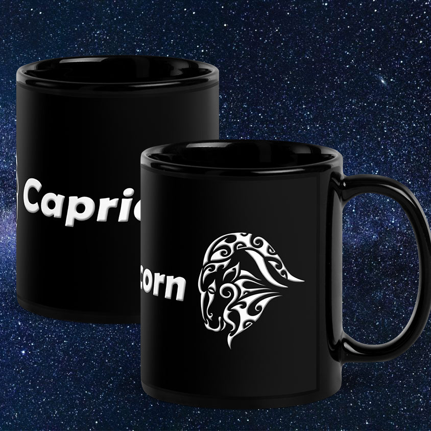 Black 11 oz Ceramic Mug - White Capricorn Text & Symbol