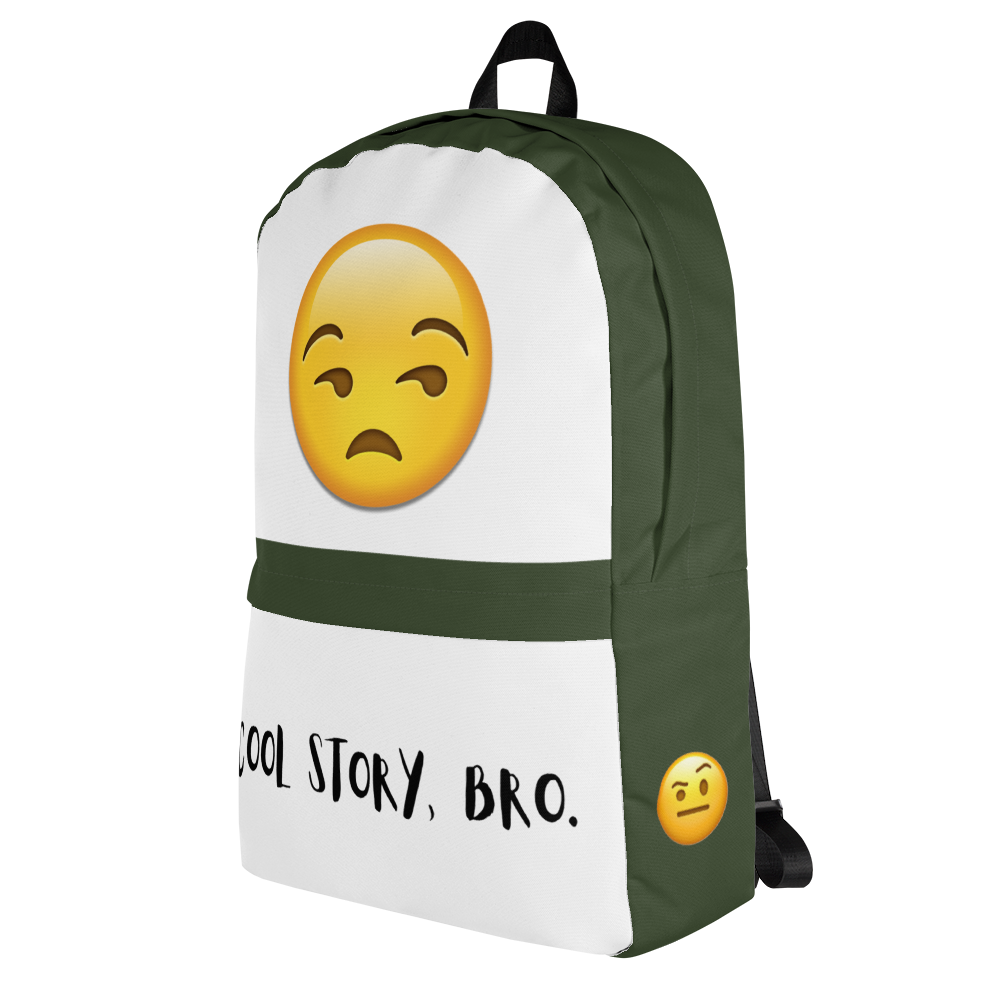 Backpack Featuring Unamused Emoji on Top and "Cool Story, Bro" Text on Bottom and Green Border on Zipper and Sides - Right Side, Featuring Emoji With Raised Eyebrow
