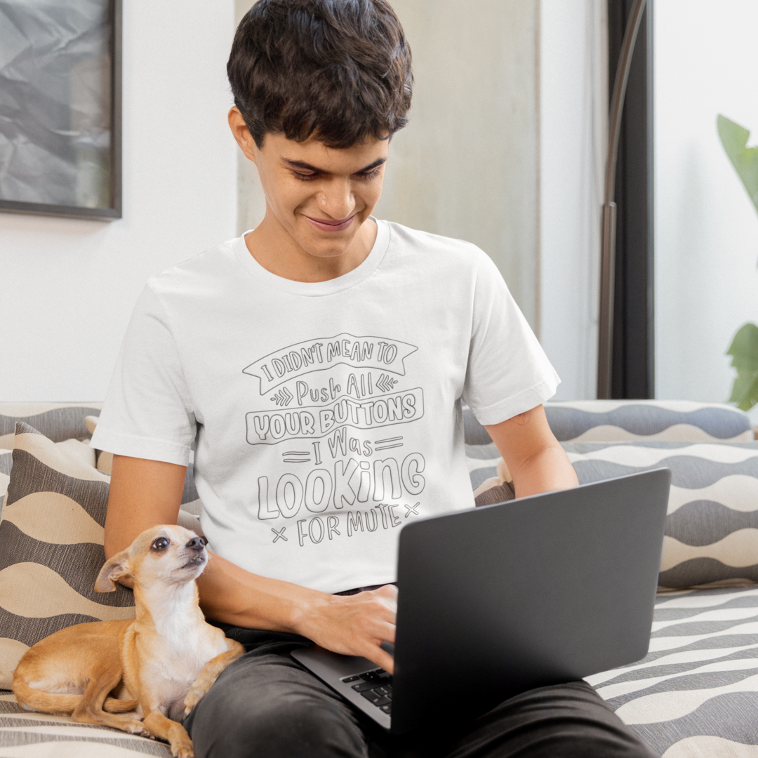 A Man Typing on a Computer, Wearing A Crew Neck T-Shirt with Text - "I Didn&