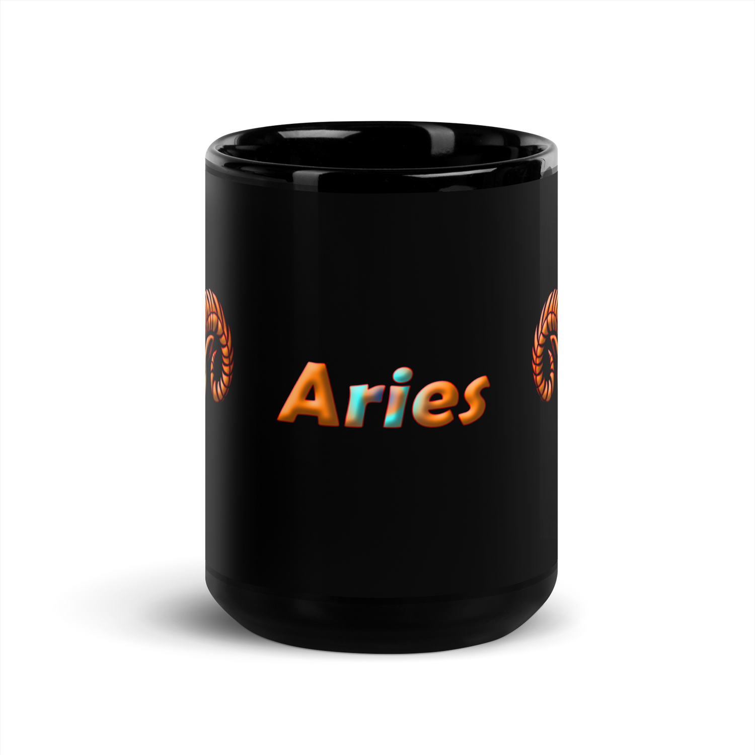 15oz Black Glossy Aries Mug Front View, Showing Text