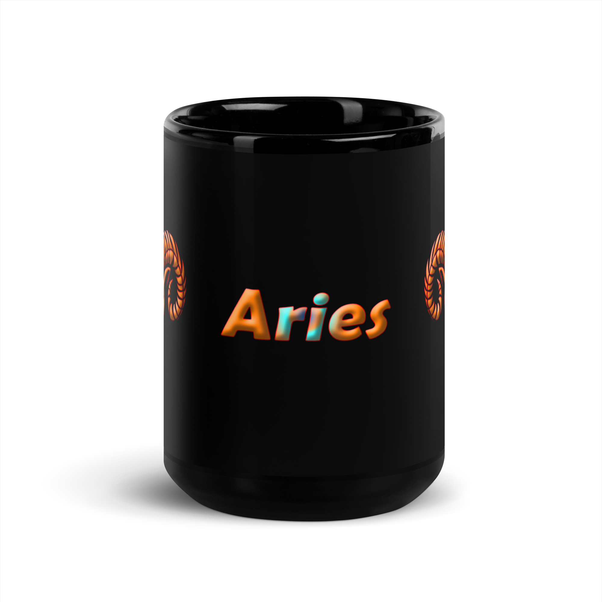 15oz Black Glossy Aries Mug Front View, Showing Text