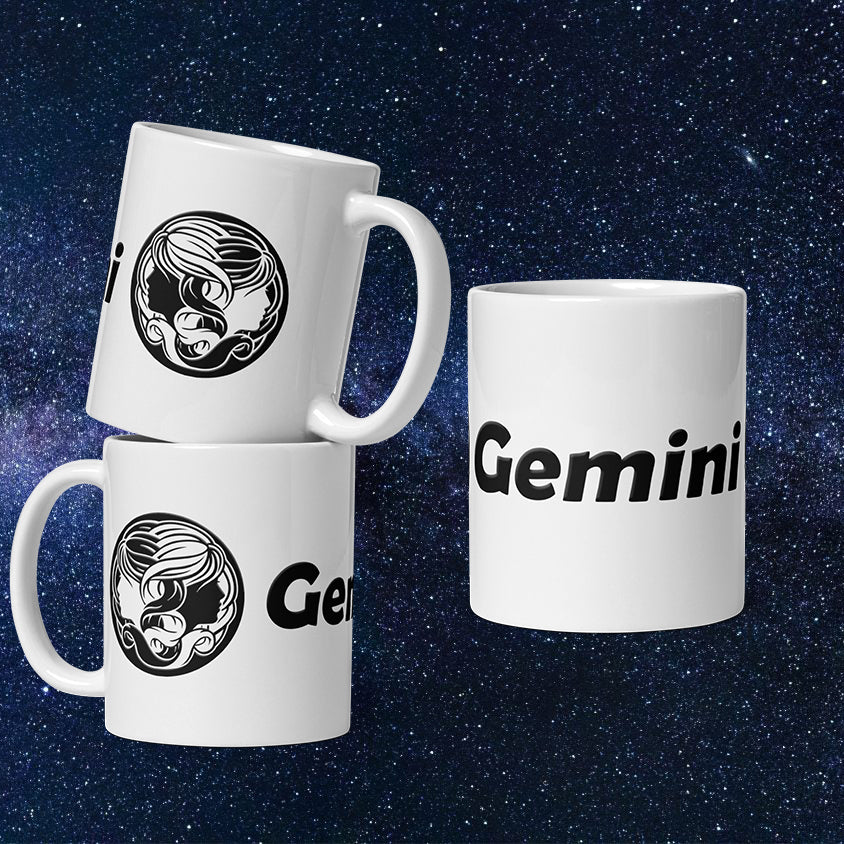 White 11 oz Ceramic Mug - Black Gemini Text & Symbol