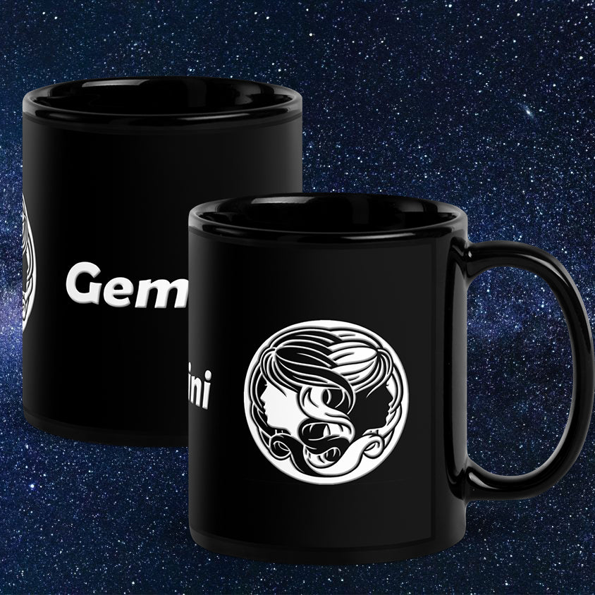 Black 11 oz Ceramic Mug - White Gemini Text & Symbol