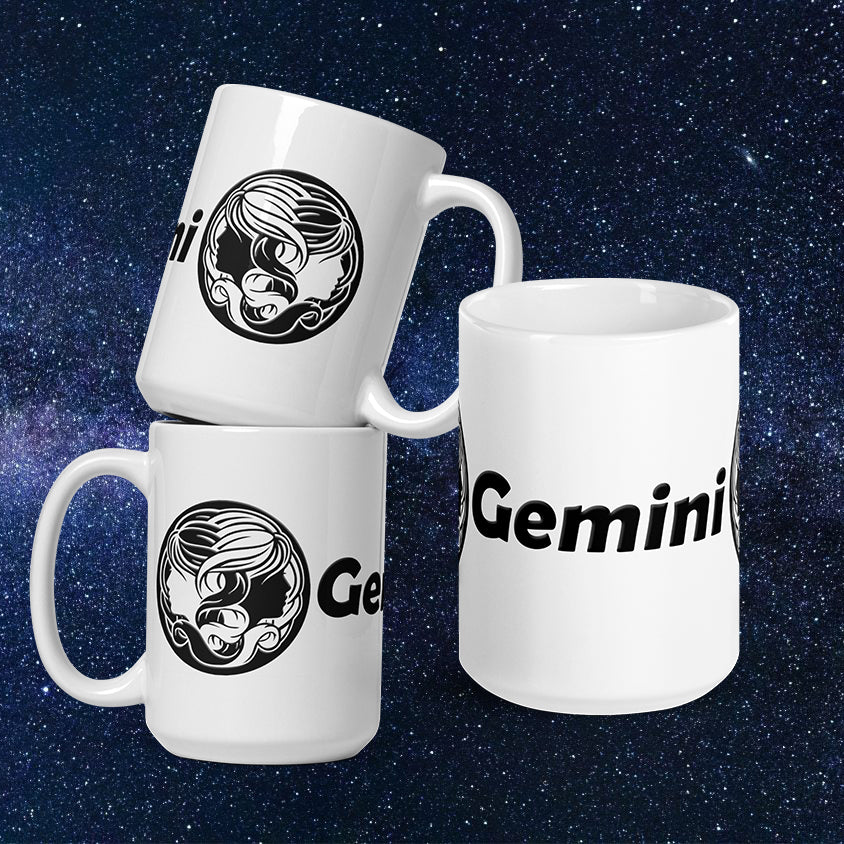White 15 oz Ceramic Mug - Black Gemini Text & Symbol