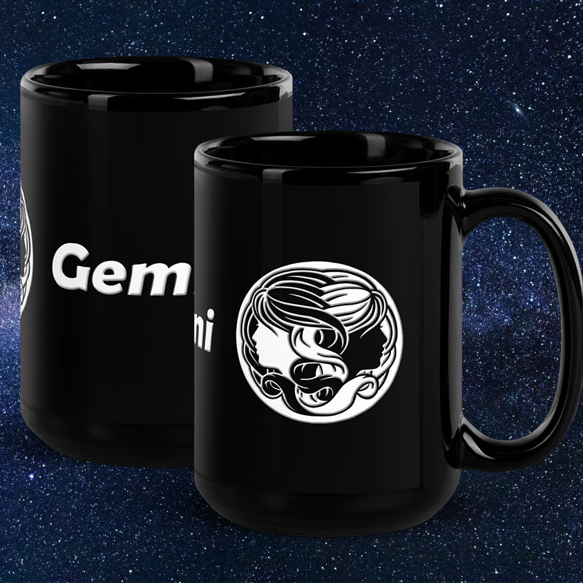 Black 15 oz Ceramic Mug - White Gemini Text & Symbol