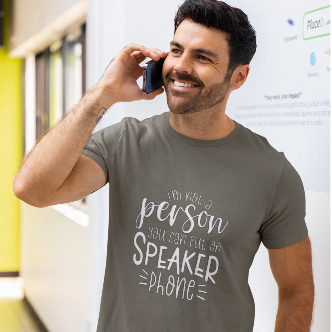 Man on Cell Phone Wearing A Crew Neck T-Shirt with Text - "I&