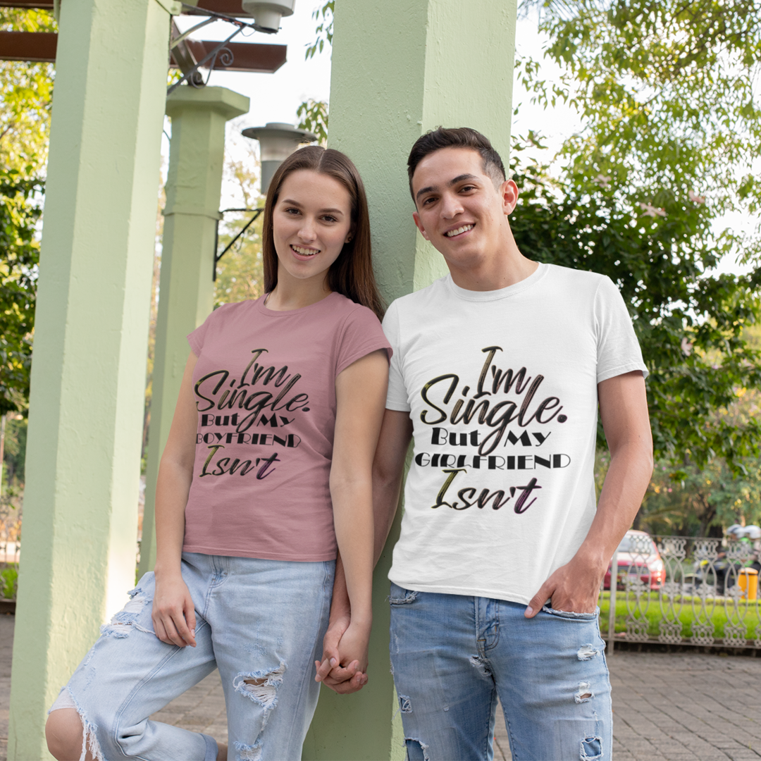 Caucasian Couple Wearing T-Shirts With Text, "I&