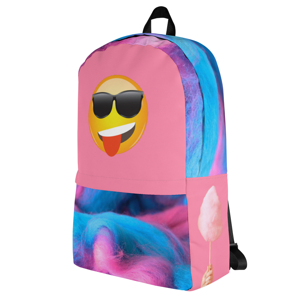 Pink Backpack Featuring Emoji Wearing Sunglasses With Tongue Out on Top and Cotton Candy on Front Pouch, Top and Sides - Right Side