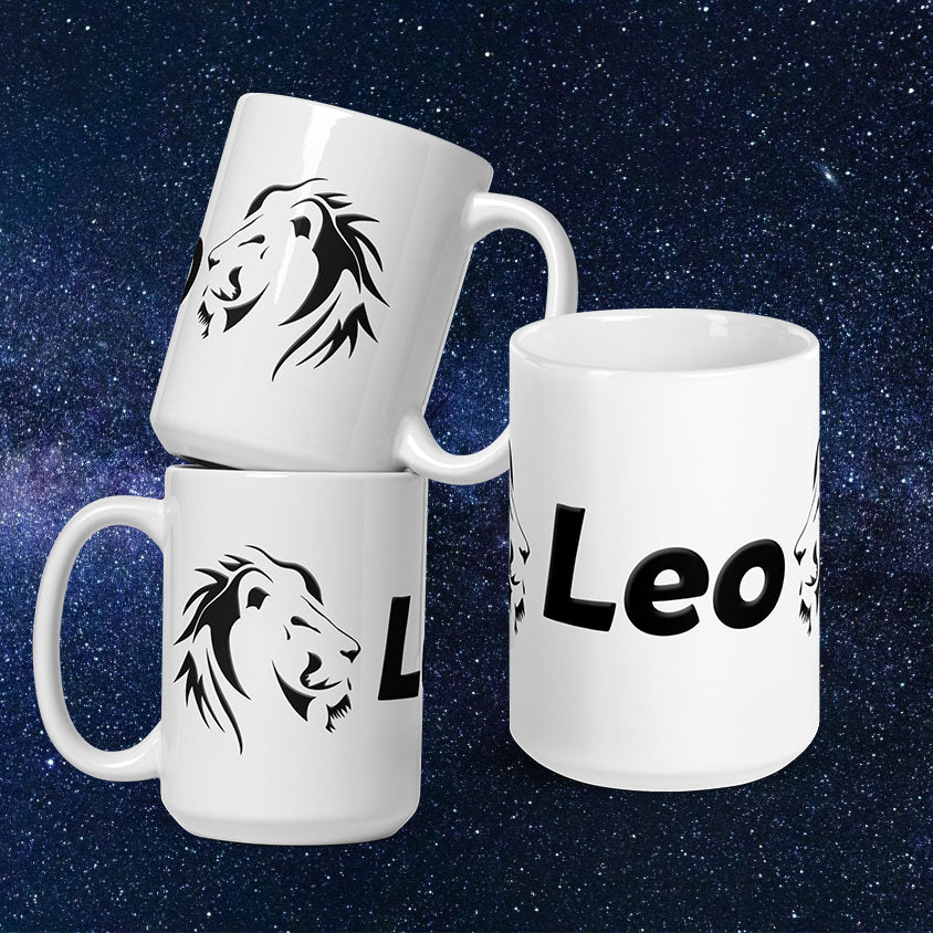 White 15 oz Ceramic Mug - Black Leo Text & Symbol