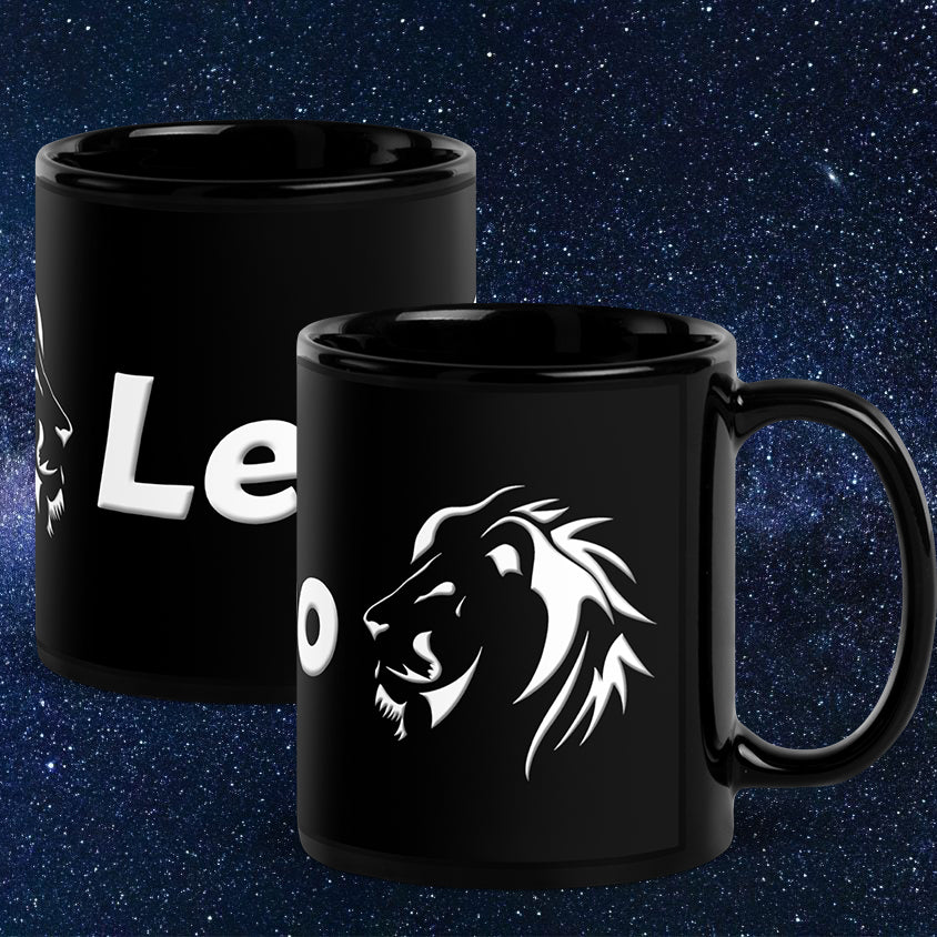 Black 11 oz Ceramic Mug - White Leo Text & Symbol