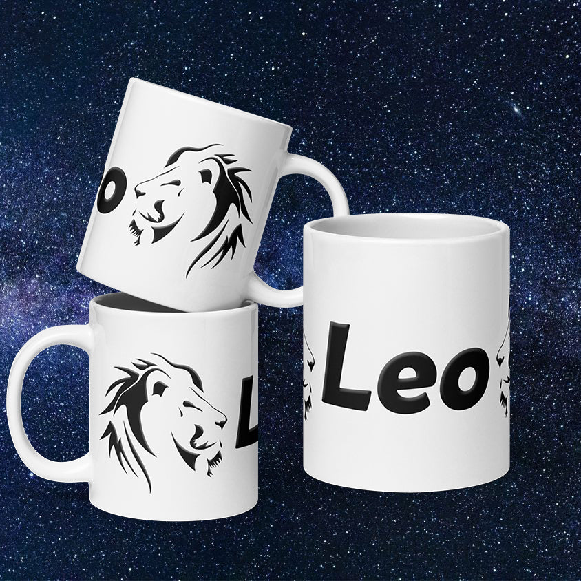 White 20 oz Ceramic Mug - Black Leo Text & Symbol