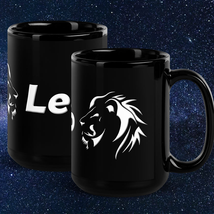 Black 15 oz Ceramic Mug - White Leo Text & Symbol