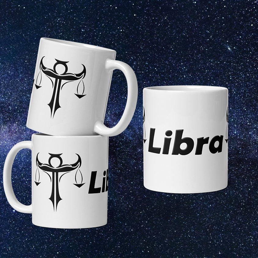 White 11 oz Ceramic Mug - Black Libra Text & Symbol11 oz