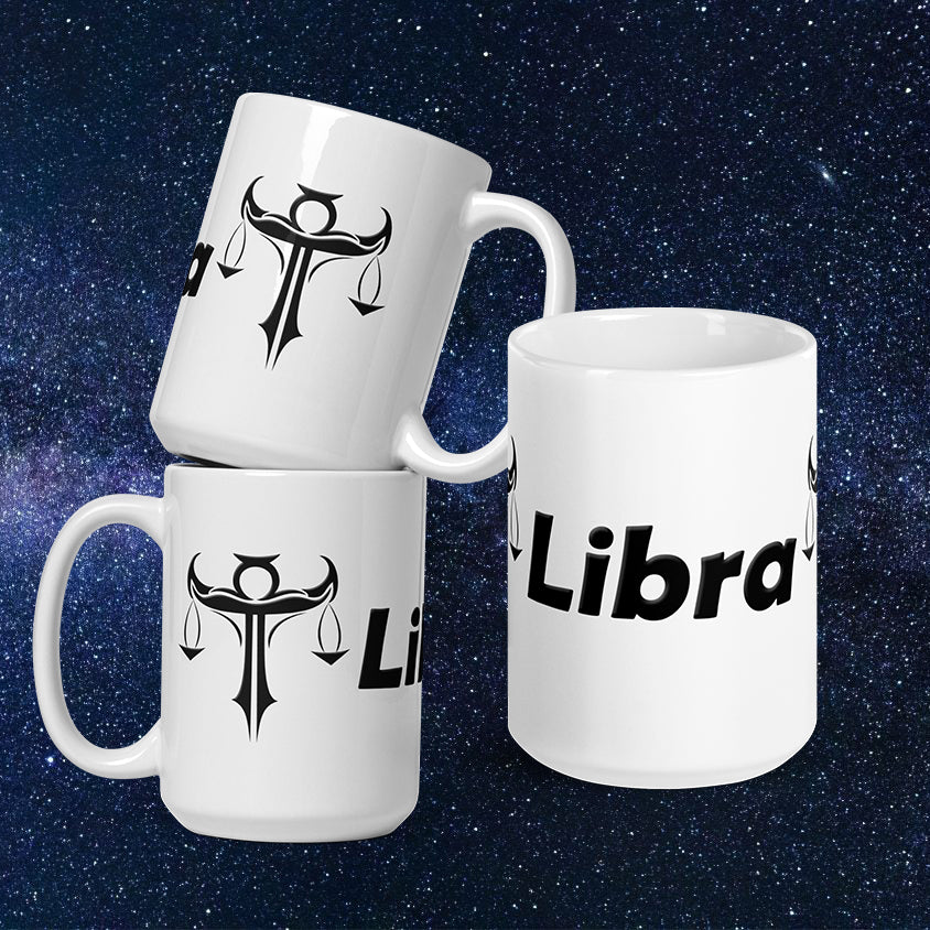White 15 oz Ceramic Mug - Black Libra Text & Symbol