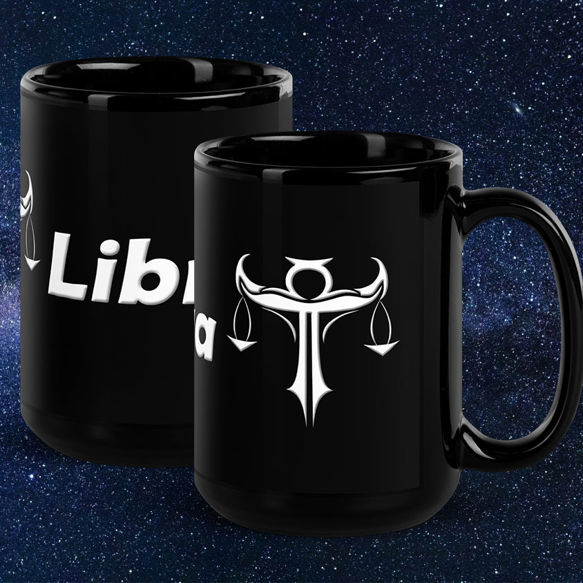 Black 15 oz Ceramic Mug - White Libra Text & Symbol
