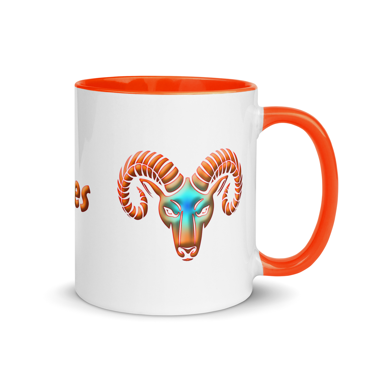 11oz White Ceramic Mug with Aries Symbol, Orange Handle & Inside