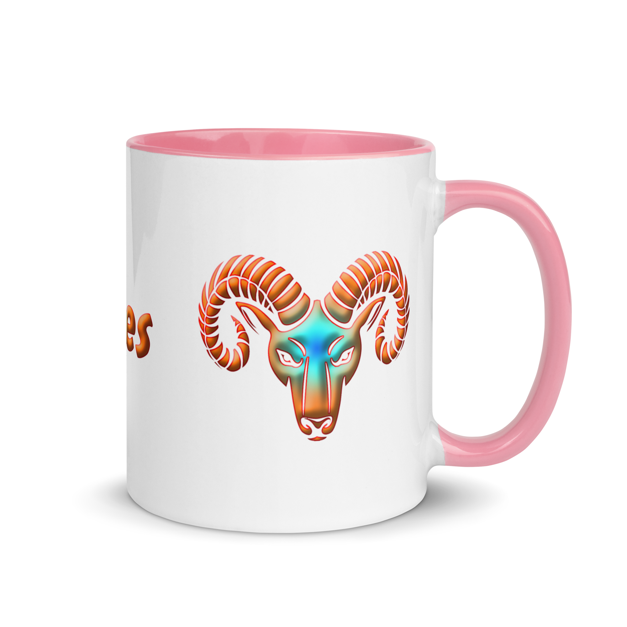 11 oz White Ceramic Mug with Aries Symbol, Pink Handle & Inside