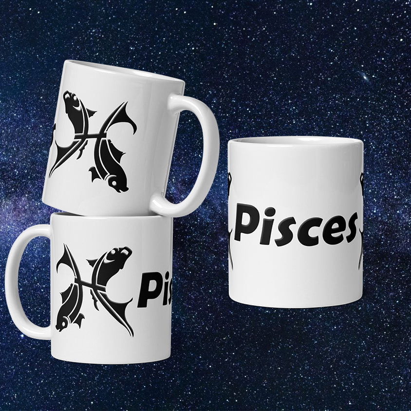 White 11 oz Ceramic Mug - Black Pisces Text & Symbol11 oz